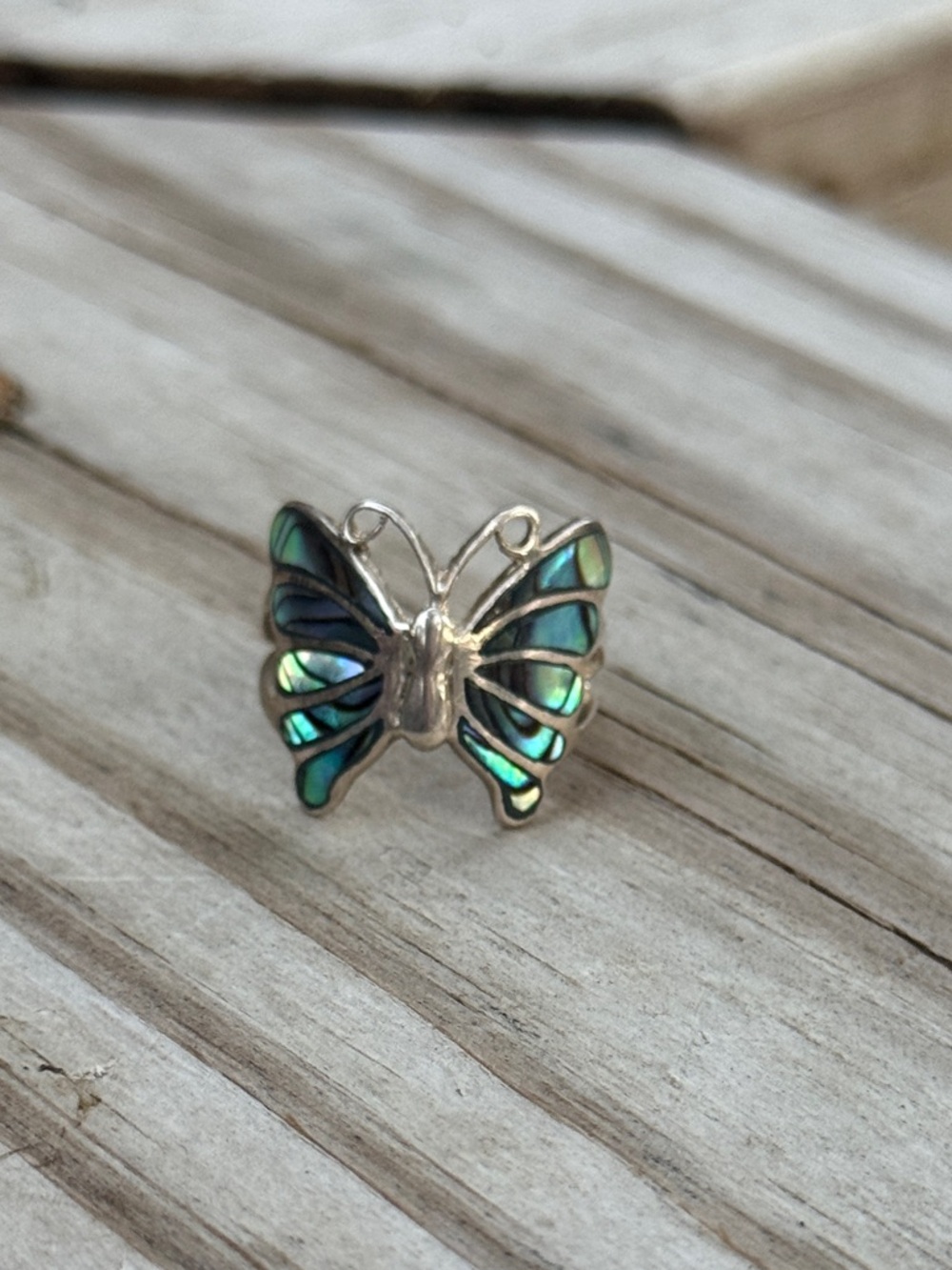 925 Silver Butterfly Abalone Inlay Ring - Green Blue